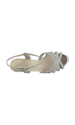 The Amara Silver Stiletto Prom Shoes (Touch Ups 4483) are silver strappy stilettos with a low heel, ankle strap, and open toe. Viewed from above, they feature a beige insole branded "Benjamin Walk.