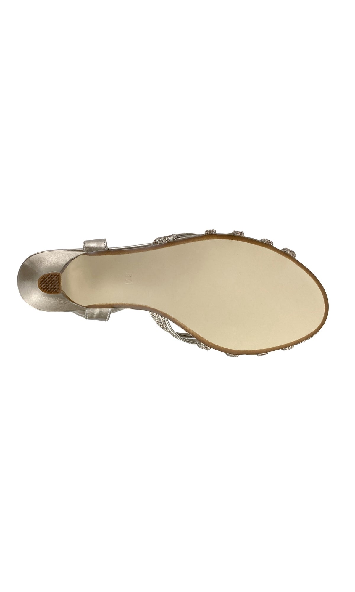Bottom view of the Amara Champagne Low Heel Prom Shoes by Touch Ups 4484, showing the entire light-colored sole and heel with metallic upper straps.