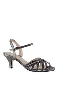 The Amara Pewter Open Toe Prom Shoes 4485 feature a strappy design, low heel, ankle strap with buckle closure—ideal as a stylish prom shoe for special occasions.