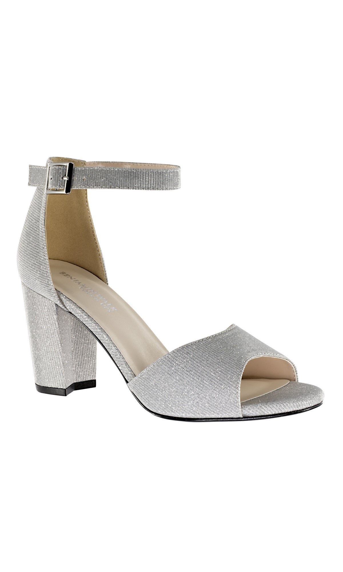Step into elegance with the Amaya Open-Toe Silver Prom Shoes: Touch Ups 4493. Featuring a textured fabric, low block heels, ankle strap with buckle, and an open toe—ideal for prom or any special occasion.