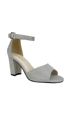 The Amaya Open-Toe Silver Prom Shoes (Touch Ups 4493) feature low block heels, an ankle strap with buckle closure, and glittery silver finish—ideal for a sparkling formal look.