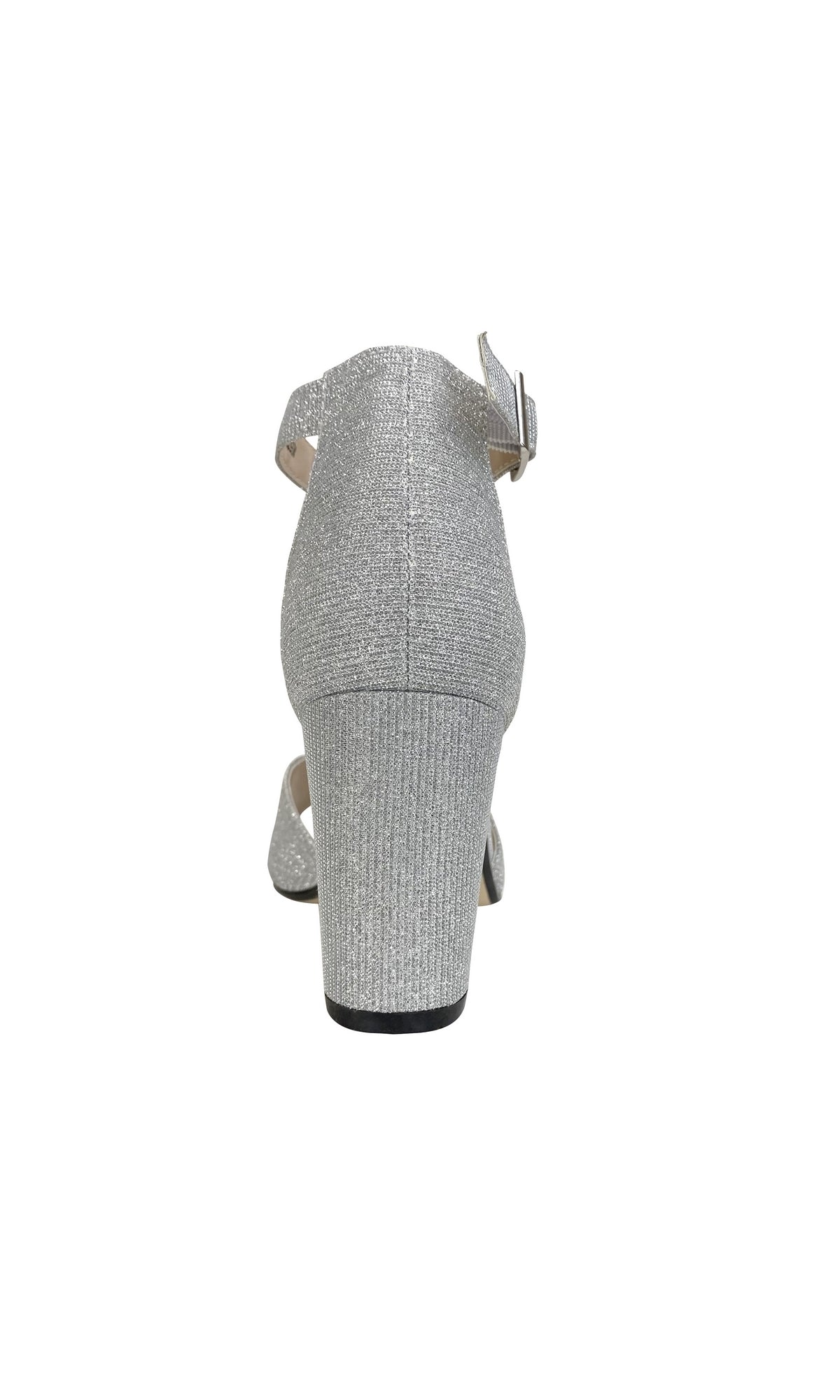 Rear view of the Amaya Open-Toe Silver Prom Shoes by Touch Ups 4493, featuring a glittery finish, low block heel, ankle strap, and buckle, shown against a white background.