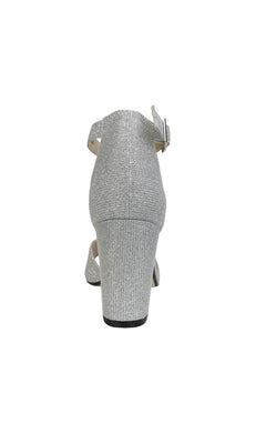 Rear view of the Amaya Open-Toe Silver Prom Shoes by Touch Ups 4493, featuring a glittery finish, low block heel, ankle strap, and buckle, shown against a white background.
