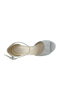 The Amaya Open-Toe Silver Prom Shoes: Touch Ups 4493 feature a glitter finish, ankle strap, and low block heels. The insole reads "BENJAMIN WALK COLLECTION"—stylish open-toe prom shoes for your next formal event.