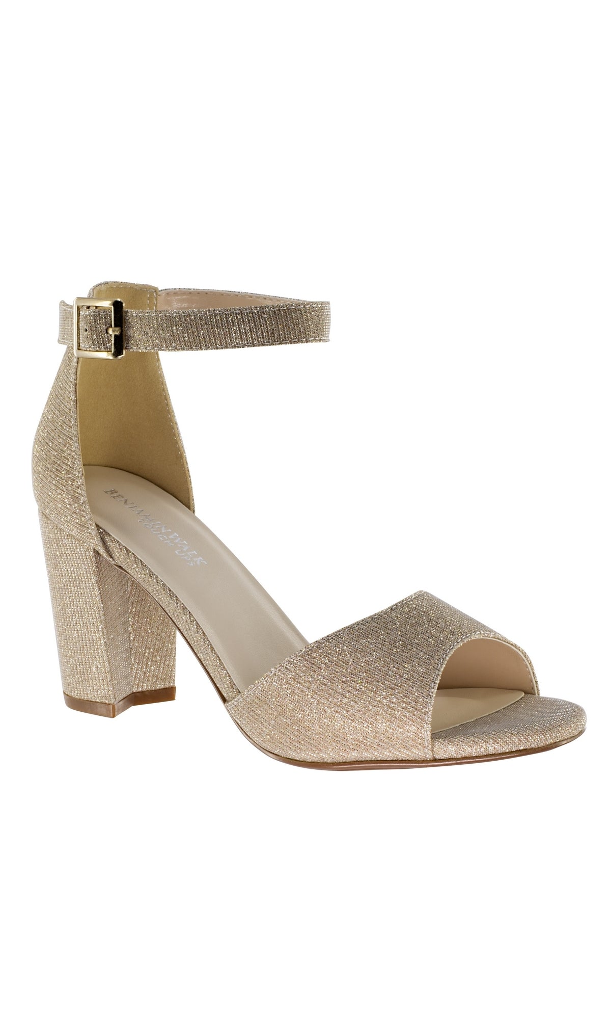 The Champagne Amaya Prom Shoes: Touch Ups 4494 are gold glitter block-heeled sandals with an open toe, ankle strap, and buckle closure—ideal as block heel prom sandals or champagne gold prom shoes. Displayed on a white background.