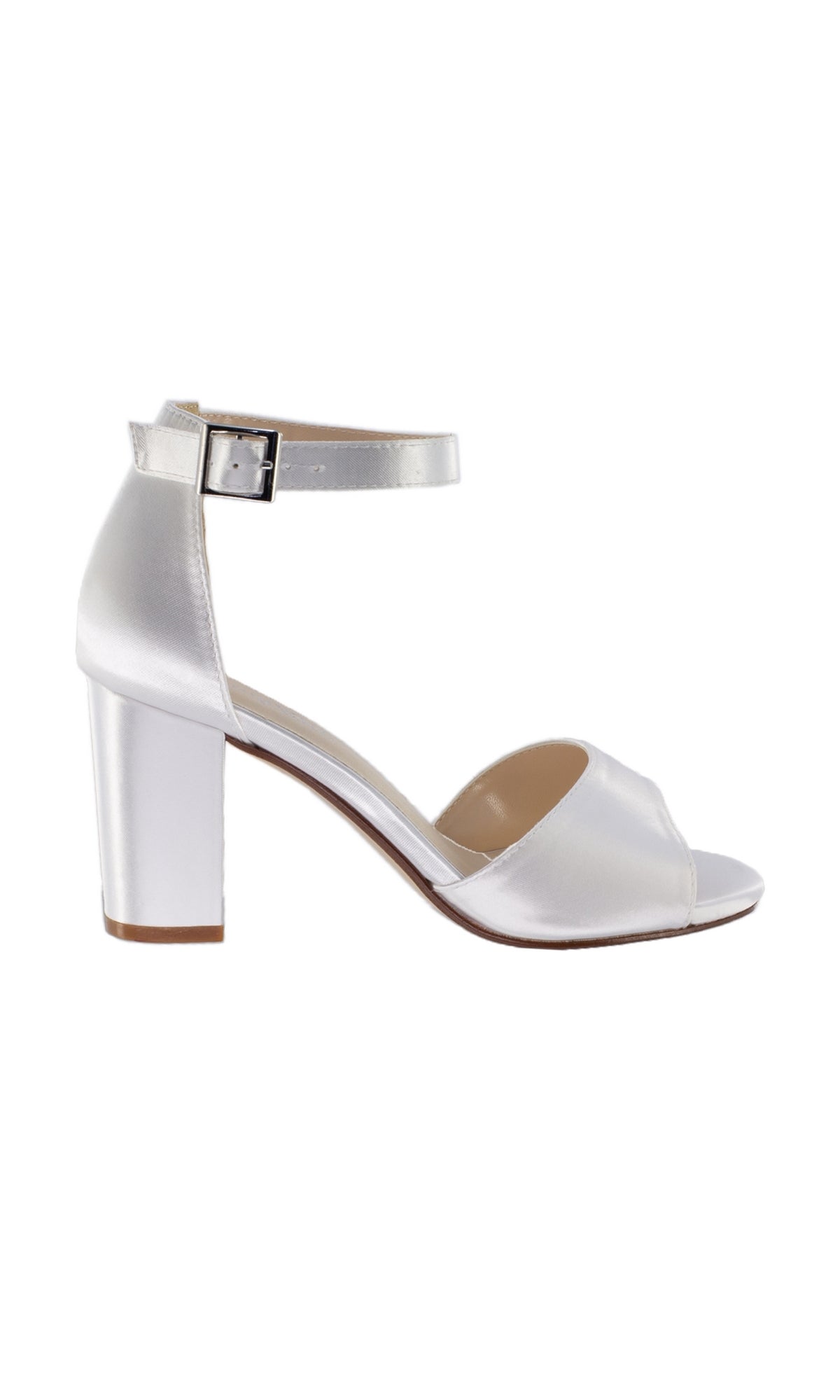 The White Amaya Block-Heel Prom Shoes (Dyeables 4496) are elegant open-toe sandals with an ankle strap and buckle, displayed in a side profile against a plain white background—perfect for prom.