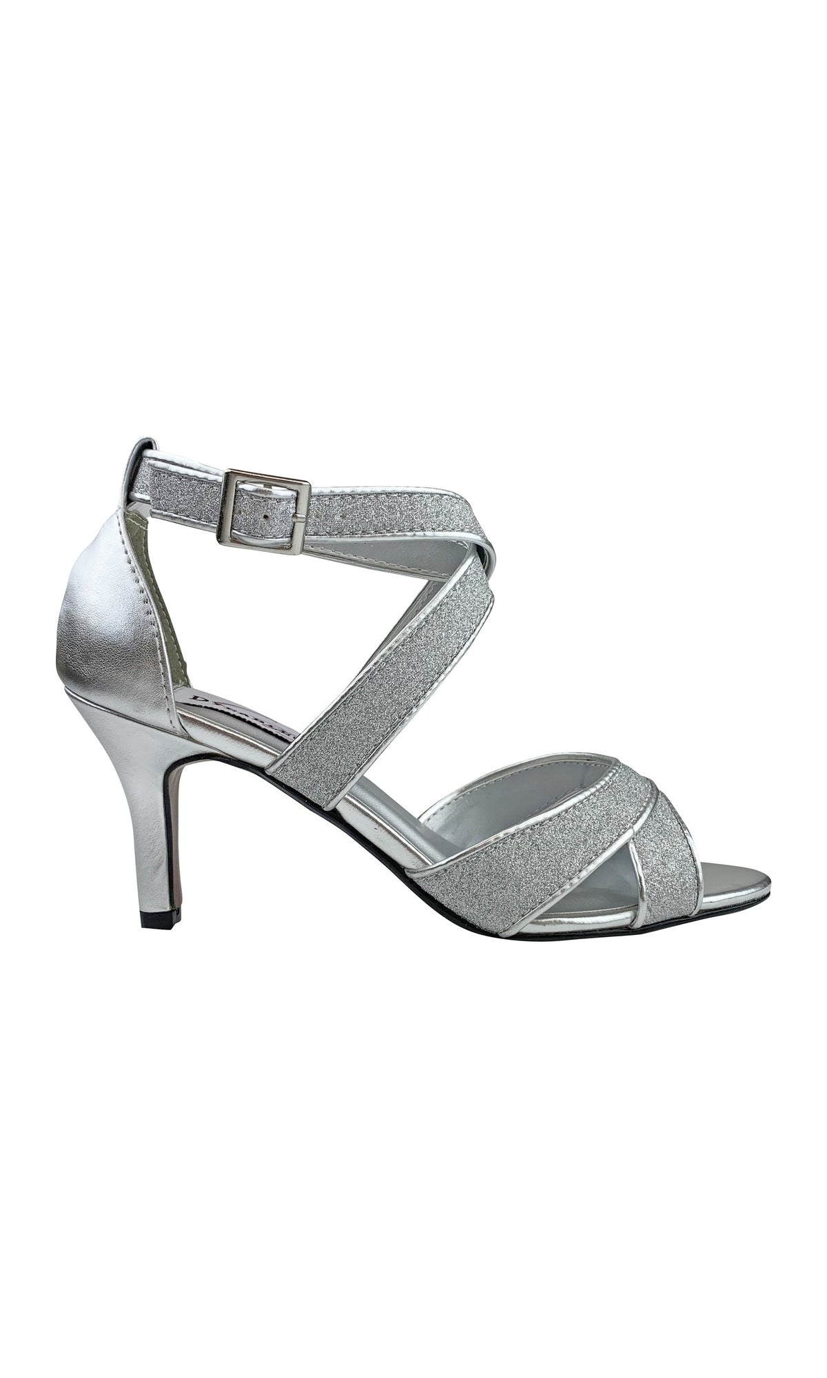 Amber Silver Prom Shoes by Touch Ups (54716) feature glittery silver crisscross straps, an ankle buckle, and a 2.75