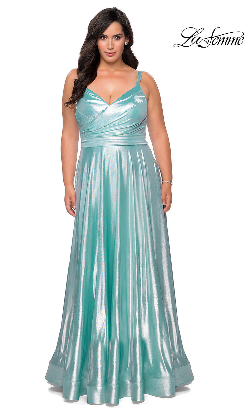 La Femme Metallic Long Plus-Size Formal Dress