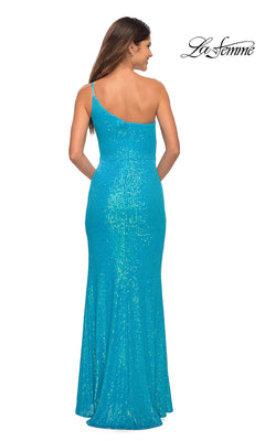 open lace back dress La Femme One-Shoulder Long Sequin Prom Dress -PromGirl