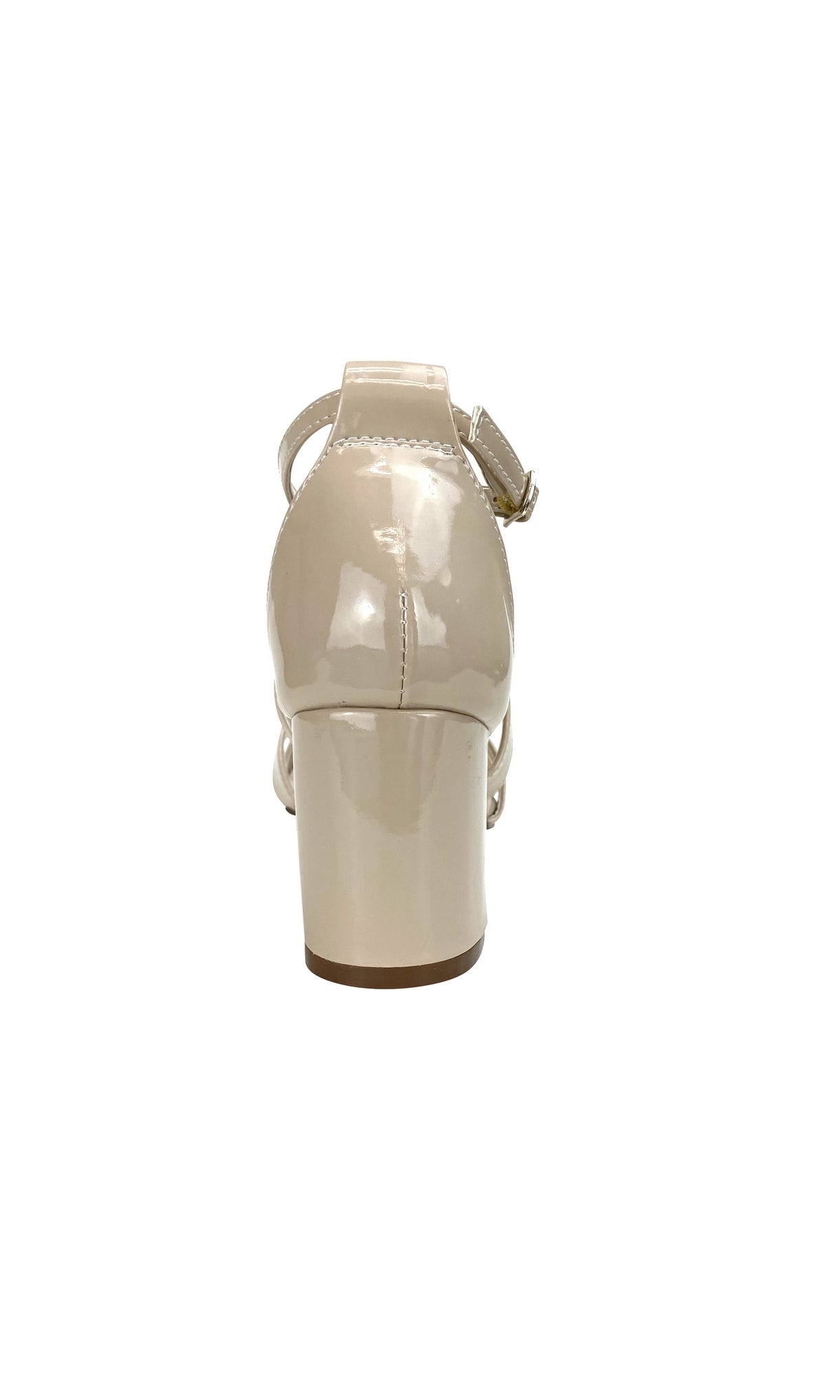 Rear view of Audrey Block-Heel Nude Prom Shoes 4497 in beige patent leather, featuring an ankle strap and block heel—ideal nude prom shoes—shown against a white background.