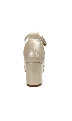 Rear view of Audrey Block-Heel Nude Prom Shoes 4497 in beige patent leather, featuring an ankle strap and block heel—ideal nude prom shoes—shown against a white background.