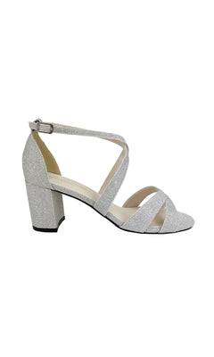 Shine in the Aubrey Silver Prom Shoes by Touch Ups 4498—glittery silver high-heeled sandals with an ankle strap, open toe, and sturdy block heel.