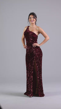 Long Velvet-Sequin One-Shoulder Prom Dress