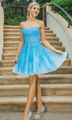 Dancing Queen-Embroidered Short Strapless Semi-Formal Prom Dress