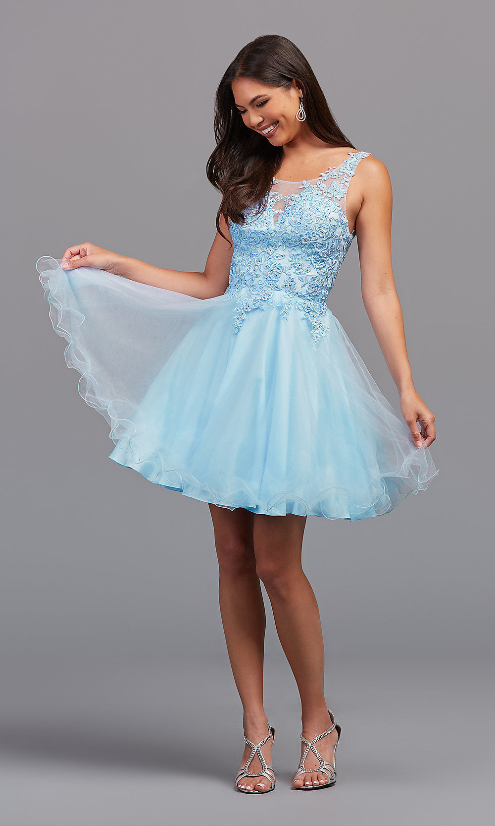 blue prom dress short Short A-Line Prom Dress with Sheer Bodice