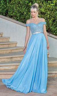 Dancing Queen-Sheer Embroidered-Bodice metallic long prom dress.