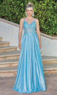 Dancing Queen-Corset-Back Metallic Long Prom Dress with Pockets