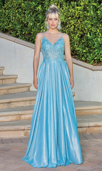 Dancing Queen-Corset-Back Metallic Long Prom Dress with Pockets