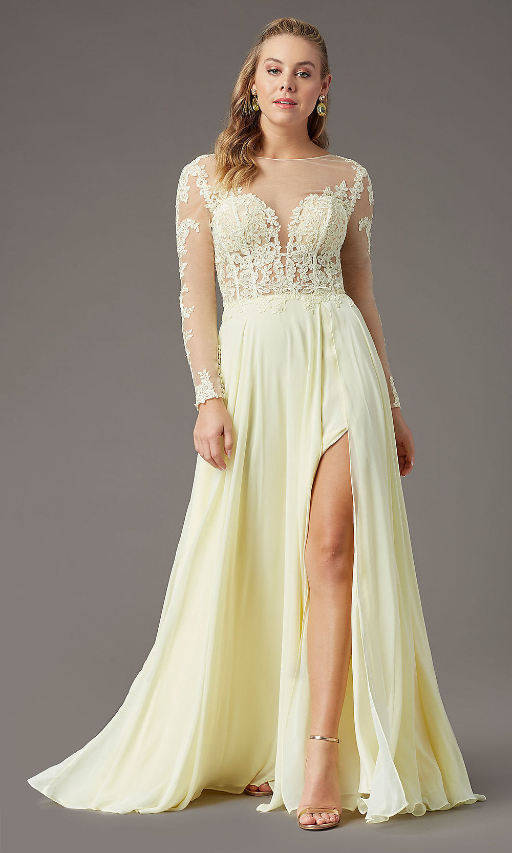 Promgirl Private Label-Long-Sleeve Chiffon Illusion Prom Dress by PromGirl