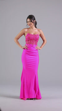 PromGirl Hot Pink Prom Dress with Sheer Bodice