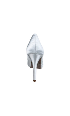 The Bea White Peep Toe Pump (Dyeables 51716) is a satin platform high-heeled shoe shown from the back against a plain white background.