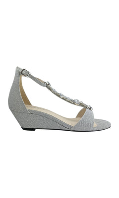 The Beatrix Silver Short Wedge Rhinestone Prom Shoes 4537 feature a chic ankle strap and embellished T-strap, shown in side profile on a white background—perfect as elegant silver prom shoes.