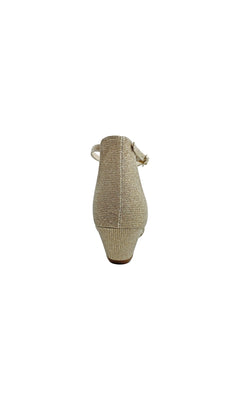 Rear view of a single Beatrix Champagne Low Wedge Prom Shoe 4538 with an ankle strap, set against a plain white background.