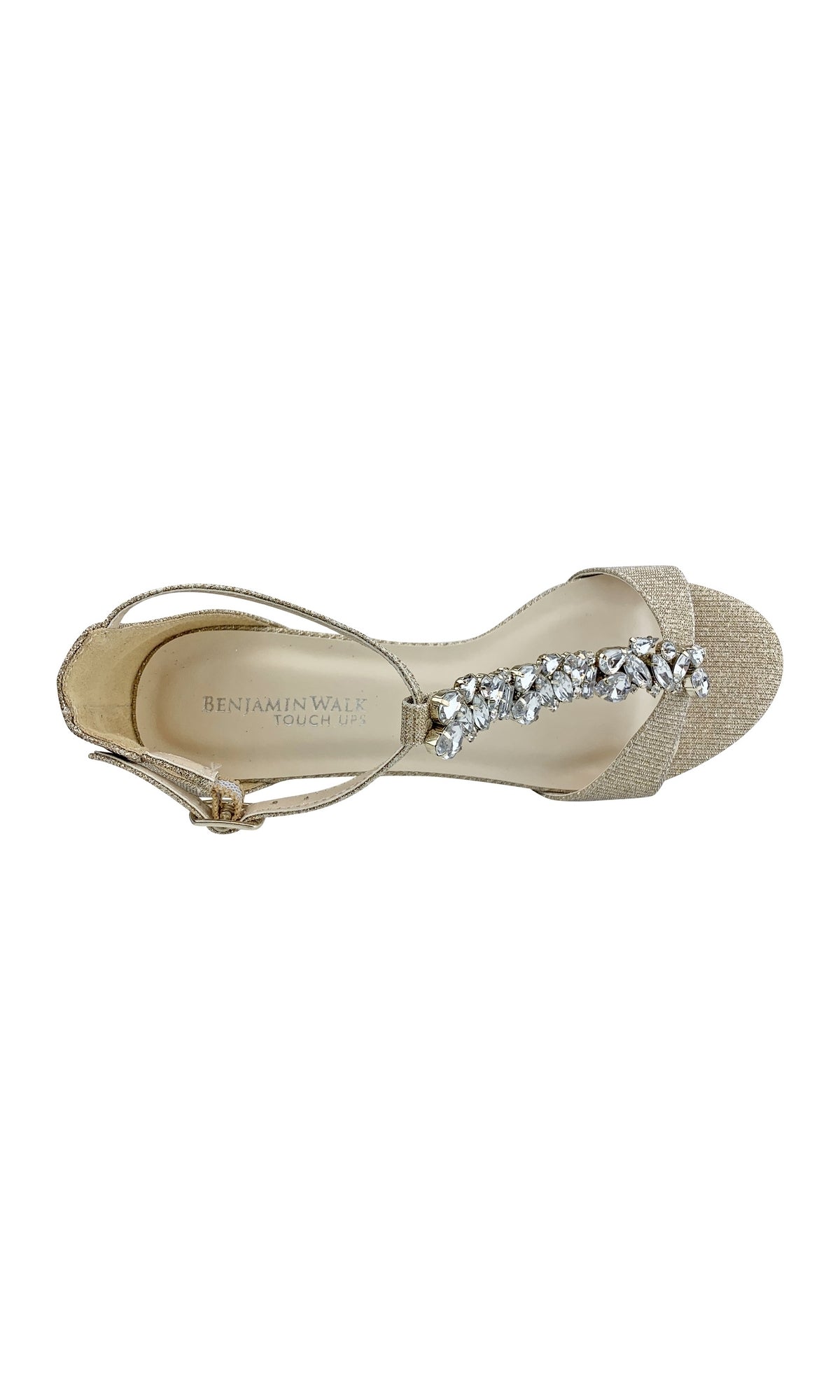 A top view of the Beatrix Champagne Low Wedge Prom Shoes 4538: gold open-toe sandals with ankle strap and rhinestone-decorated upper—a glamorous choice for prom.