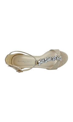 A top view of the Beatrix Champagne Low Wedge Prom Shoes 4538: gold open-toe sandals with ankle strap and rhinestone-decorated upper—a glamorous choice for prom.