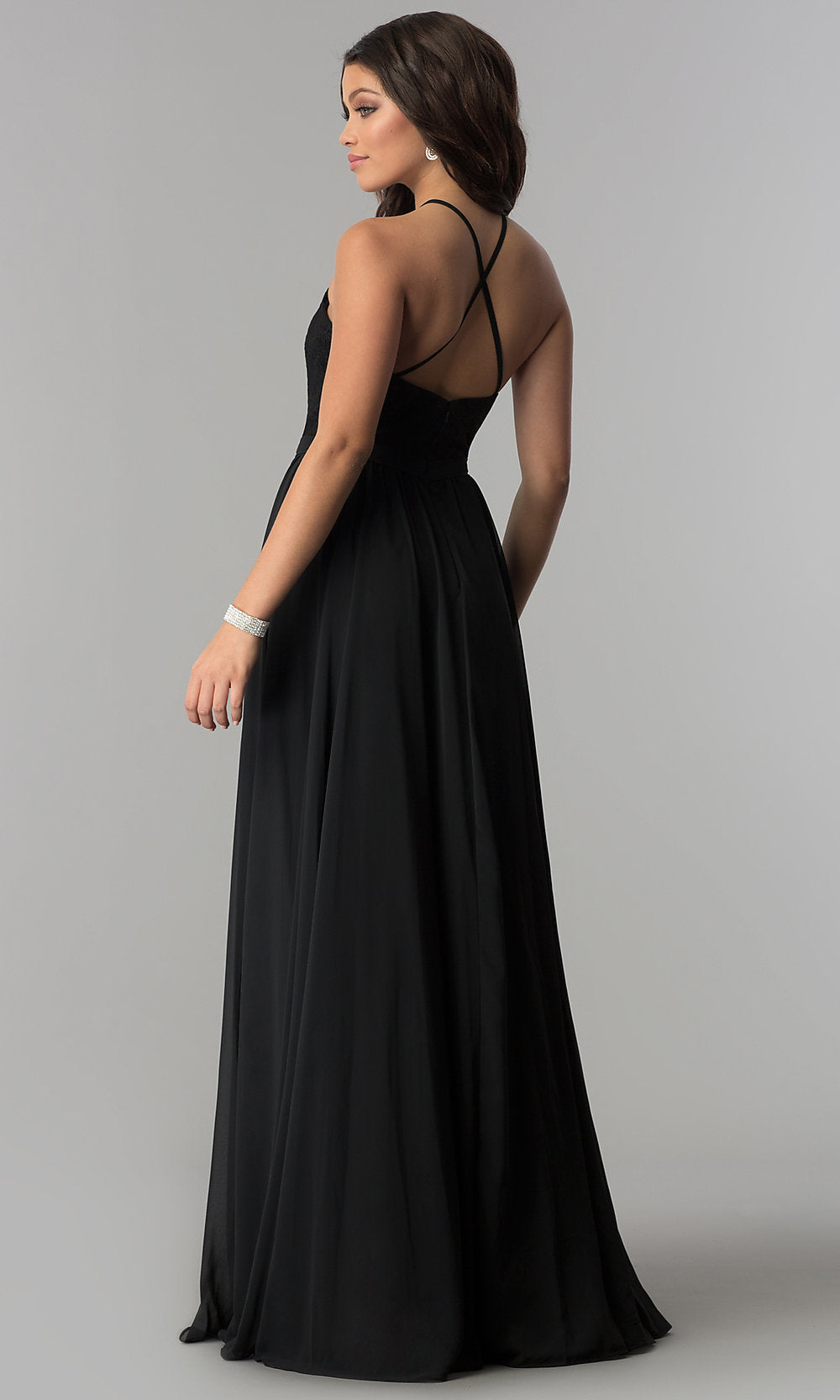 Dancing Queen-High-Neck Lace-Bodice Long Chiffon Prom Dress
