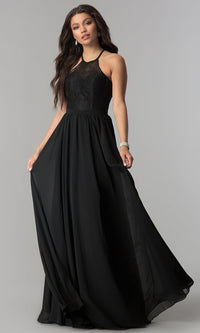 Dancing Queen-High-Neck Lace-Bodice Long Chiffon Prom Dress
