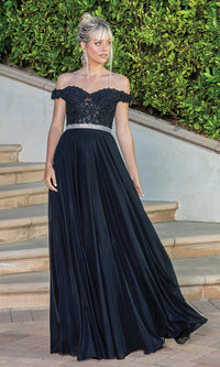 Dancing Queen-Sheer Embroidered-Bodice metallic long prom dress.
