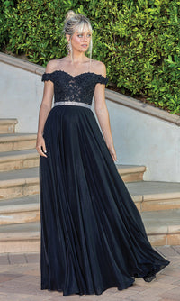 Dancing Queen-Sheer Embroidered-Bodice metallic long prom dress.