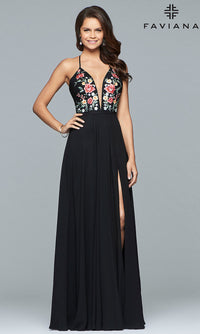 Faviana-Long Chiffon Open-Back Embroidered Prom Dress