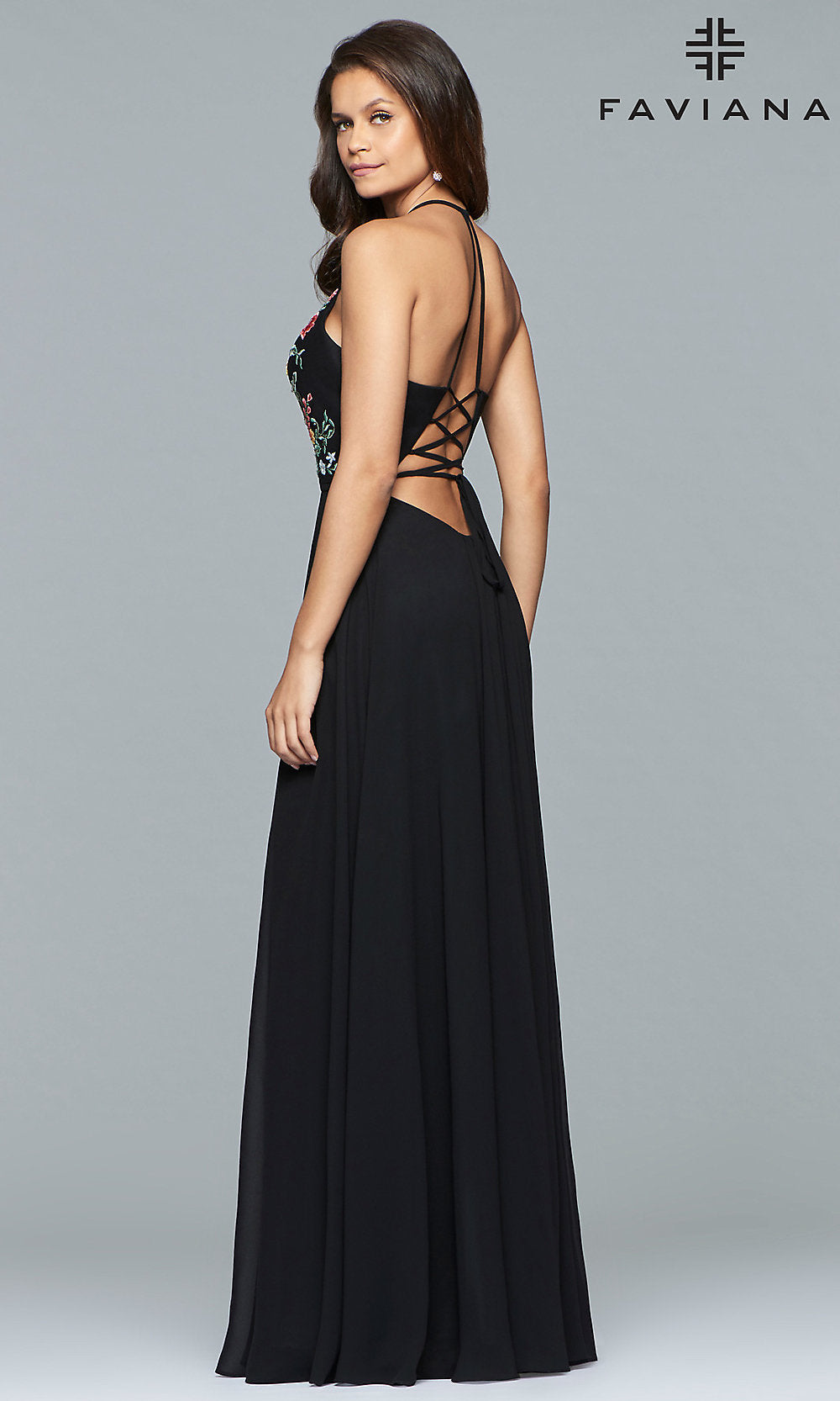 Faviana-Long Chiffon Open-Back Embroidered Prom Dress