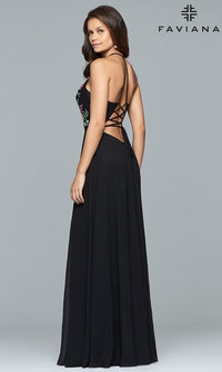 Faviana-Long Chiffon Open-Back Embroidered Prom Dress