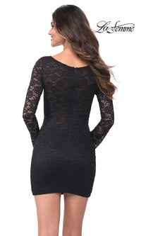 La Femme Short Black Lace Long Sleeve Hoco Dress