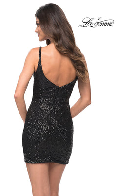 A woman stands facing away in a sleeveless, black La Femme Short Tight Sequin Homecoming Party Dress with an open back. "La Femme" logo appears in the top right corner.