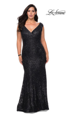 A woman models the Empire-Waist Long Plus-Size Prom Dress by La Femme, a floor-length black sequin gown with V-neckline and cap sleeves, against a white background. The "La Femme" logo is in the top right corner.