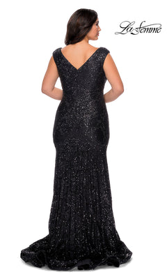 A woman is seen from the back in a black, floor-length Empire-Waist Long Plus-Size Prom Dress by La Femme with a V-back. The La Femme logo is displayed in the top right corner.
