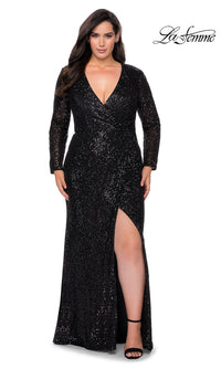 La Femme-Sequin Plus-Size Long Sleeve La Femme Prom Dress