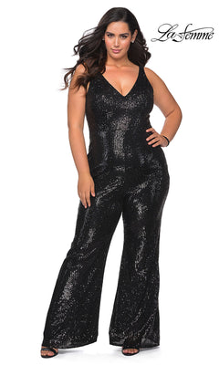 La Femme-La Femme Plus-Size Sequin Formal Jumpsuit for Prom