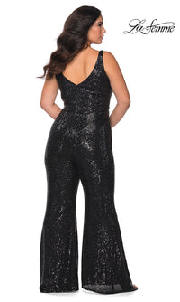 La Femme-La Femme Plus-Size Sequin Formal Jumpsuit for Prom