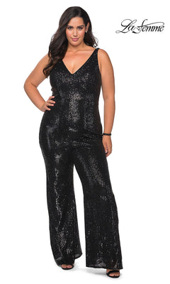 La Femme-La Femme Plus-Size Sequin Formal Jumpsuit for Prom