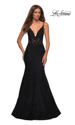 La Femme-La Femme Lace Sheer-Waist Long Mermaid Prom Dress