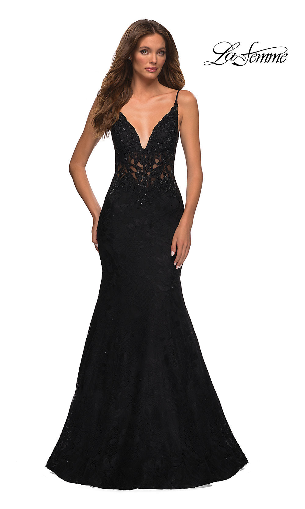 La Femme-La Femme Lace Sheer-Waist Long Mermaid Prom Dress