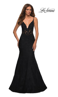La Femme-La Femme Lace Sheer-Waist Long Mermaid Prom Dress
