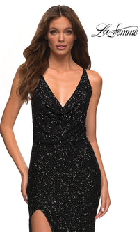 La Femme Blouson-Bodice Long Sequin Prom Dress