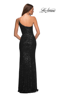 A woman stands with her back to the camera in the Long Sequin One-Shoulder Prom Dress by La Femme, an elegant, floor-length black gown. The La Femme logo is visible in the upper right corner.