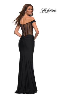 A woman models the La Femme Sheer-Back Off-Shoulder Long Prom Dress, featuring a form-fitting silhouette and a sheer corset-style back, set against a white background.